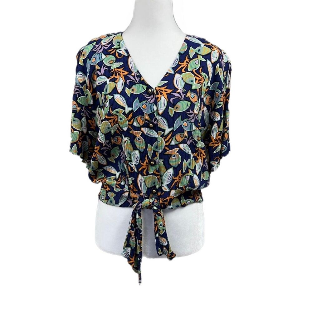 Vintage Rafael Crop V Neck Tie Waist Fish Print Tropical Button Up Blouse Sz S
